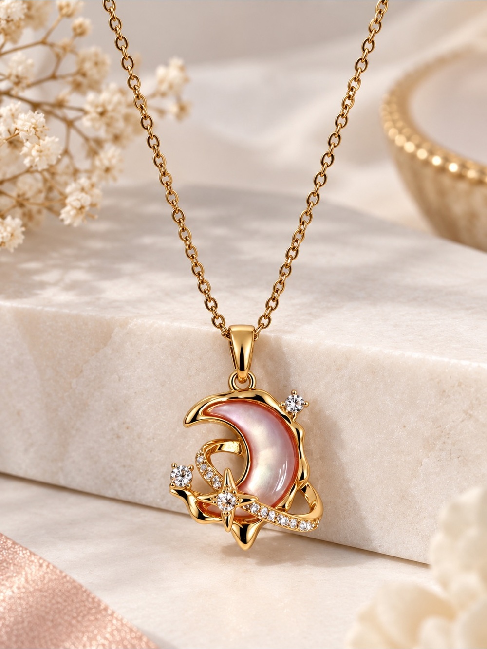 Gold Tone Pink Crescent Moon Celestial Pendant Necklace Rhinestone Boho